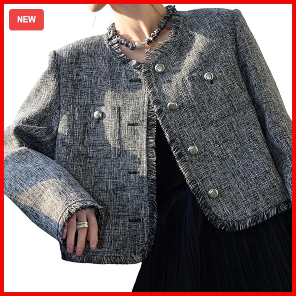 Spring Tweed Blazer Fully-Lined Open Front Business Casual Jacket